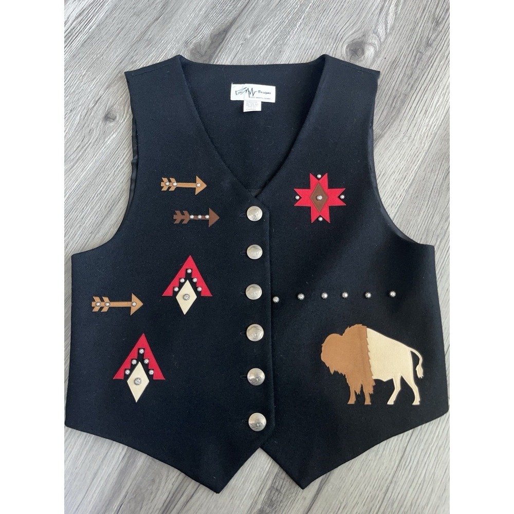 BMW Designs Vintage Western Black Vest with Buffalo and Star Arrows Made In USA